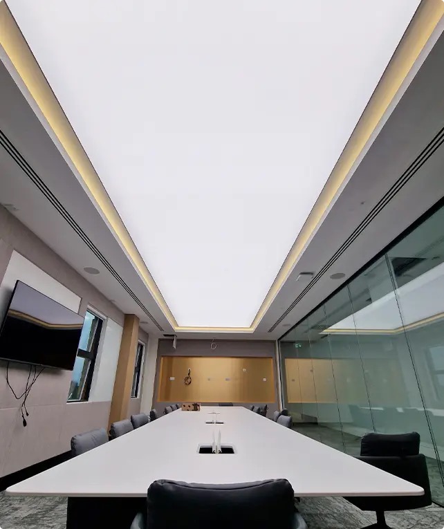 Translucent backlit stretch ceiling in boardroom